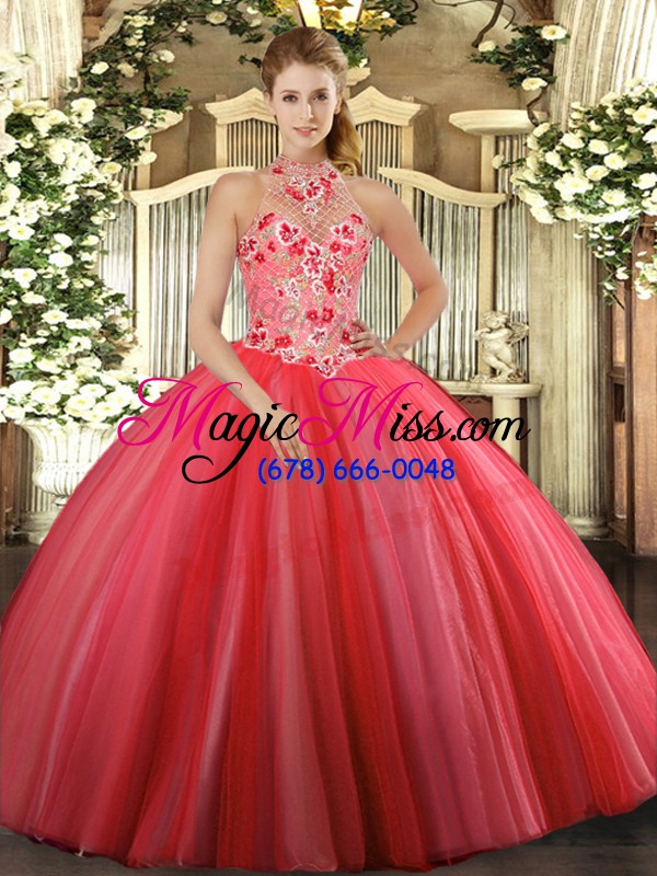wholesale embroidery quinceanera dresses coral red lace up sleeveless floor length