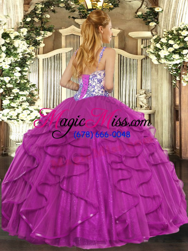 wholesale best floor length lace up ball gown prom dress fuchsia for sweet 16 and quinceanera with beading and appliques and ruffles
