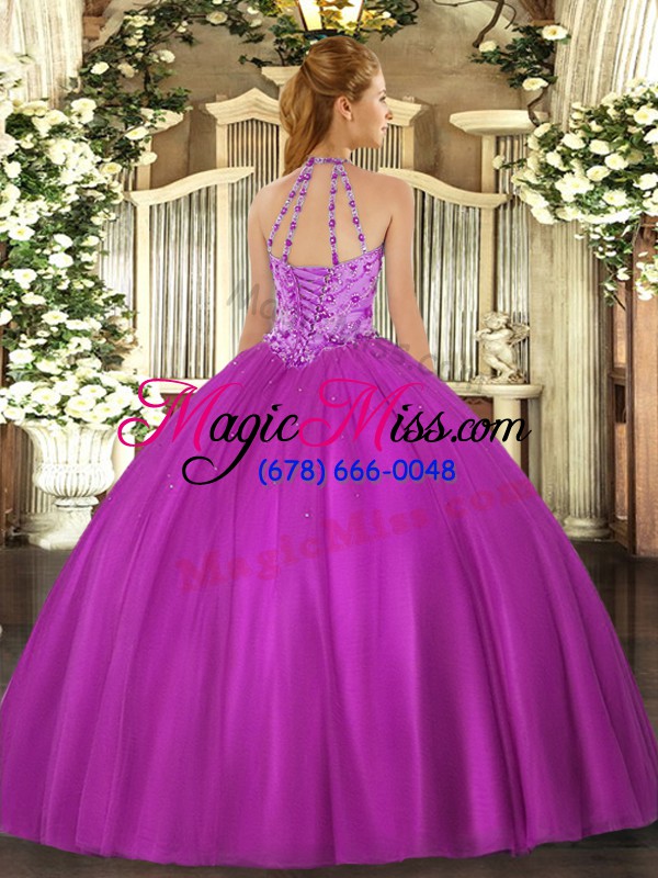 wholesale custom design hot pink ball gowns halter top sleeveless satin floor length lace up beading 15 quinceanera dress