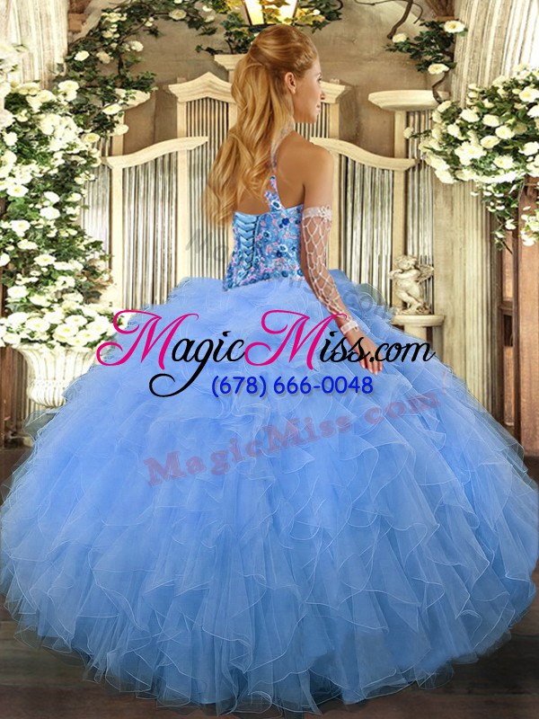 wholesale high class halter top sleeveless quince ball gowns floor length beading and ruffles lavender organza