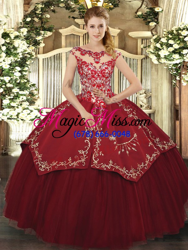wholesale latest wine red scoop neckline beading and appliques and embroidery 15 quinceanera dress cap sleeves lace up