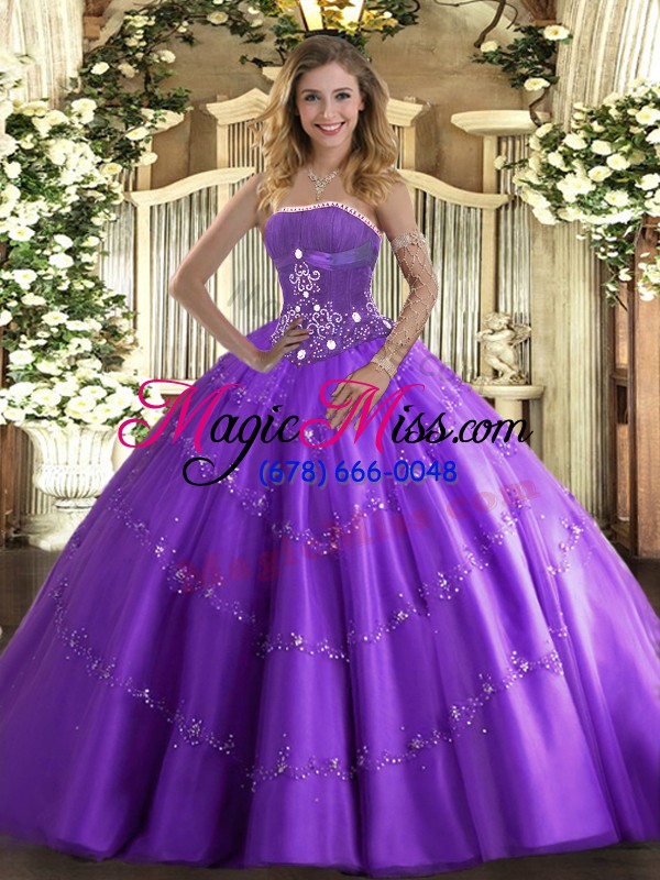 wholesale custom made lavender lace up quince ball gowns beading and appliques sleeveless floor length