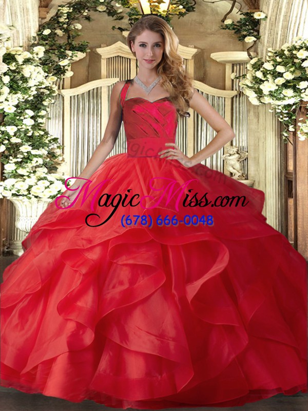 wholesale red sweet 16 dress military ball and sweet 16 and quinceanera with ruffles halter top sleeveless lace up