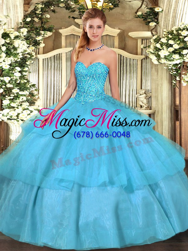 wholesale ideal aqua blue quince ball gowns military ball and sweet 16 and quinceanera with beading and ruffled layers sweetheart sleeveless lace up