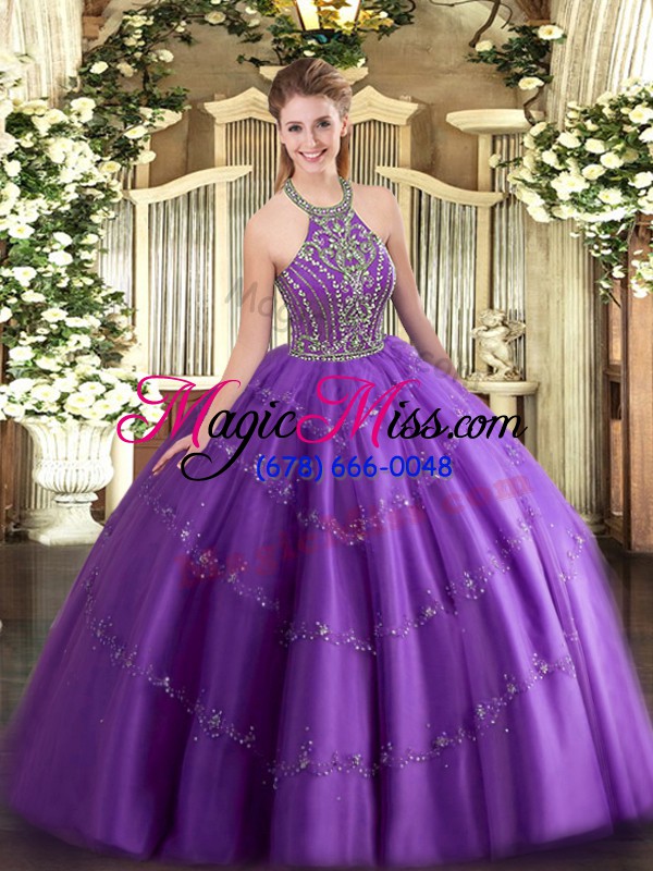 wholesale purple ball gowns halter top sleeveless tulle floor length lace up beading and appliques vestidos de quinceanera