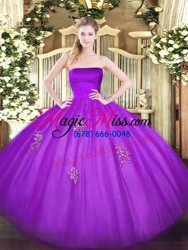 wholesale eggplant purple sleeveless floor length appliques zipper 15th birthday dress