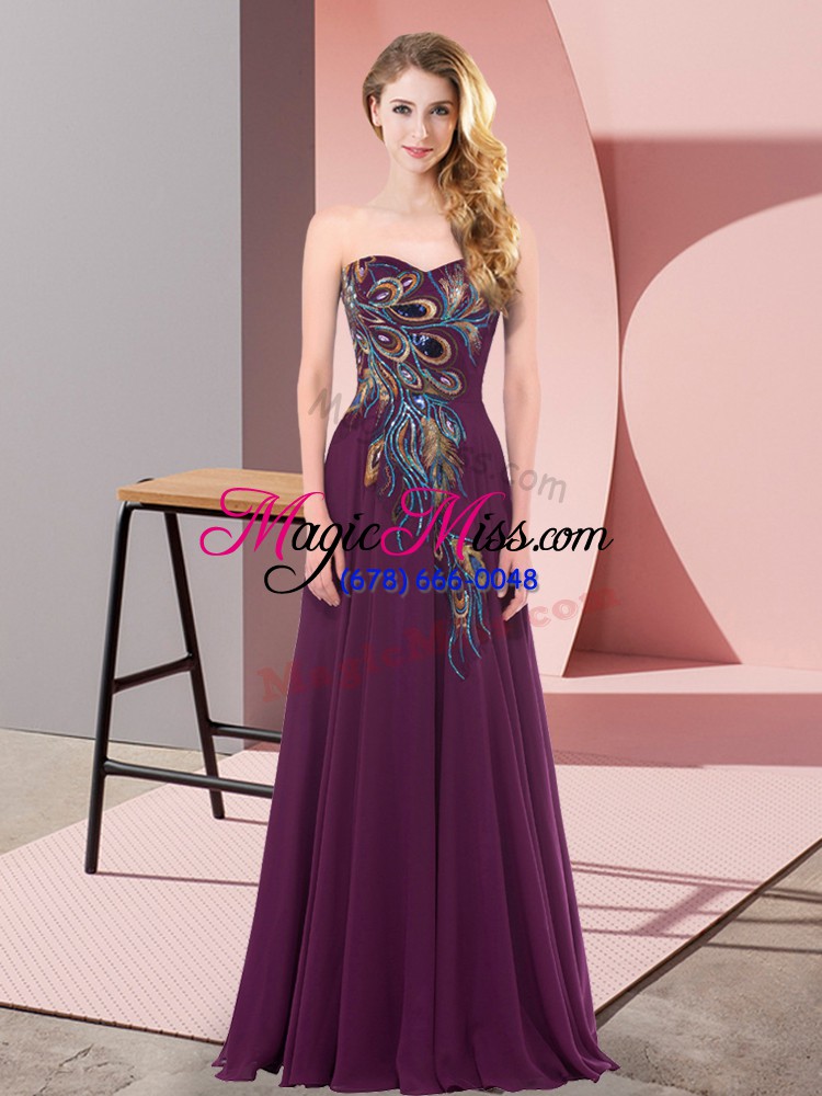 wholesale classical dark purple empire sweetheart sleeveless chiffon floor length lace up embroidery prom dress