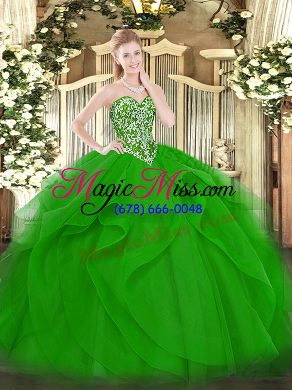 wholesale sleeveless tulle floor length lace up sweet 16 quinceanera dress in green with beading and ruffles