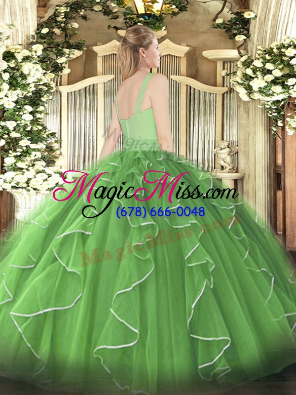 wholesale colorful floor length olive green ball gown prom dress tulle sleeveless beading and ruffles