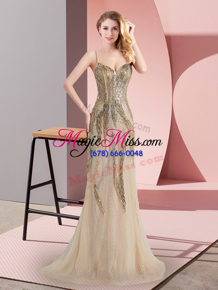 wholesale beading prom gown champagne side zipper sleeveless sweep train