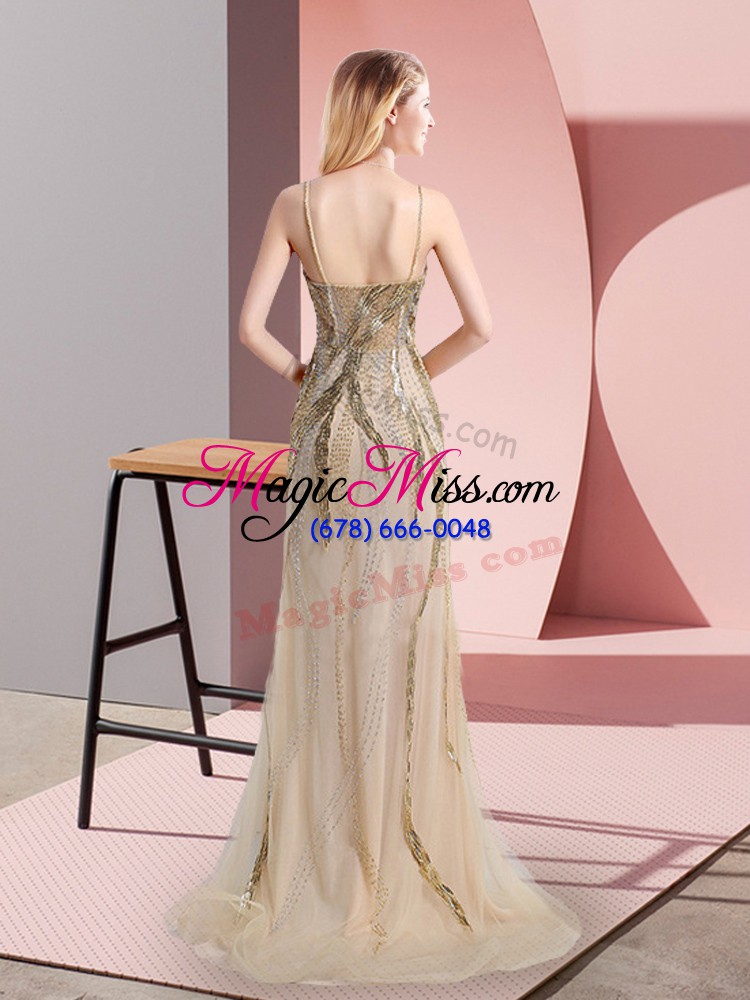 wholesale beading prom gown champagne side zipper sleeveless sweep train