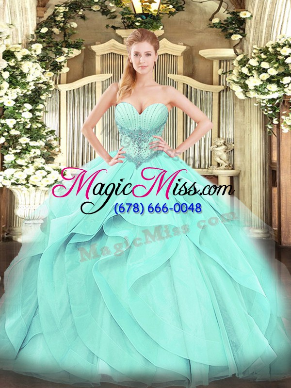 wholesale sumptuous aqua blue lace up sweetheart beading and ruffles quince ball gowns tulle sleeveless