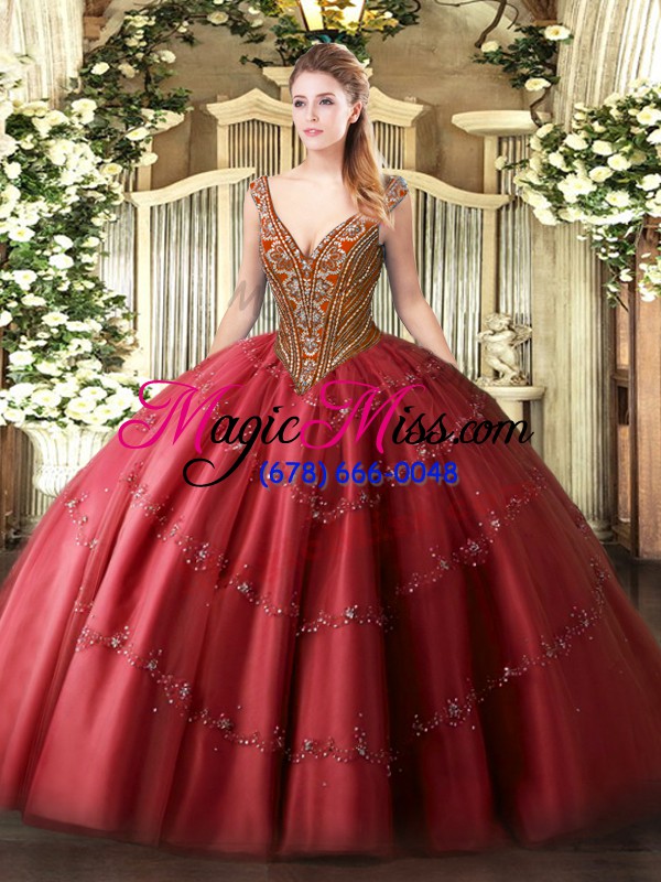 wholesale floor length red 15th birthday dress v-neck sleeveless lace up
