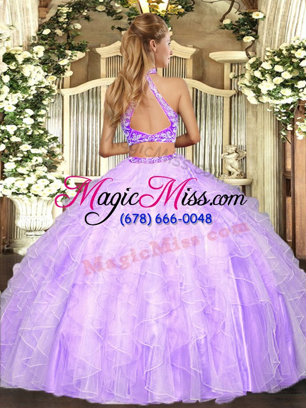 wholesale stunning lilac tulle criss cross halter top sleeveless floor length sweet 16 quinceanera dress beading and ruffles