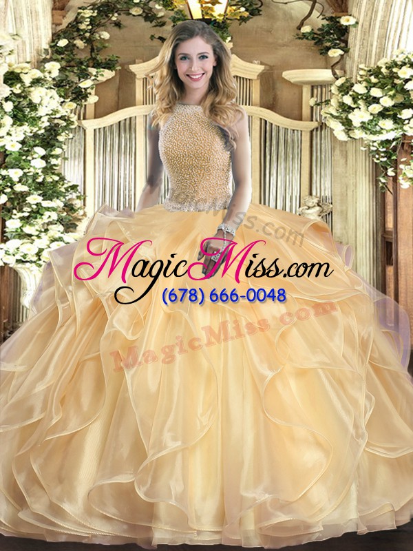wholesale flare floor length champagne vestidos de quinceanera high-neck sleeveless lace up