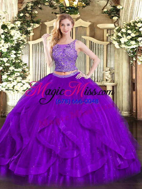 wholesale sleeveless floor length beading and ruffles lace up sweet 16 quinceanera dress with purple