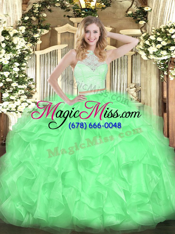 wholesale fantastic lace and ruffles 15th birthday dress apple green zipper sleeveless floor length