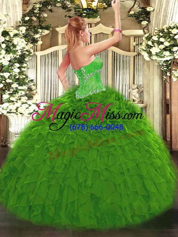 wholesale sophisticated sweetheart sleeveless 15 quinceanera dress floor length beading and ruffles olive green organza