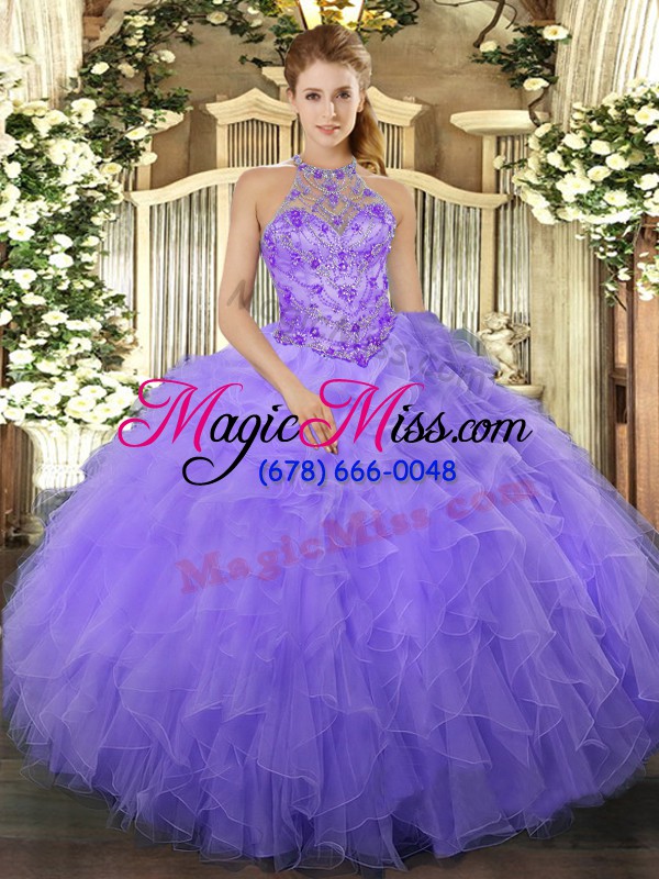 wholesale comfortable lavender sweet 16 quinceanera dress military ball and sweet 16 and quinceanera with beading and ruffles halter top sleeveless lace up