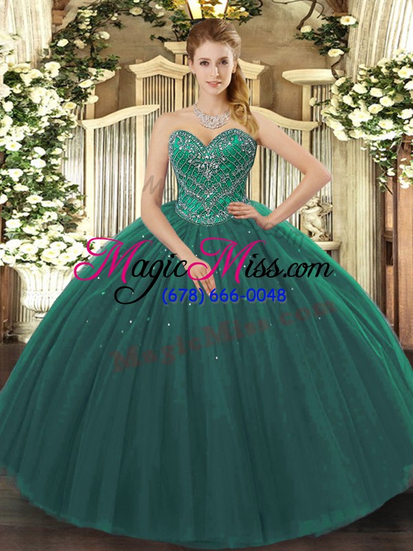 wholesale spectacular dark green lace up quinceanera dresses beading sleeveless floor length