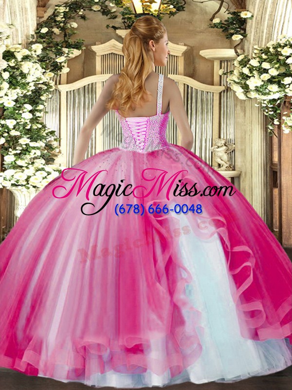 wholesale fuchsia ball gowns tulle high-neck sleeveless beading and ruffles floor length lace up quinceanera dresses