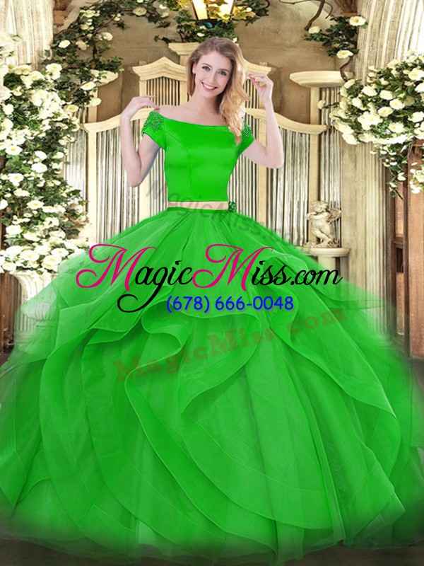 wholesale traditional short sleeves tulle floor length zipper quinceanera gown in green with appliques and ruffles