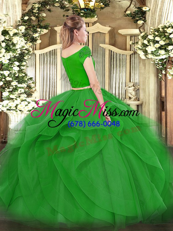 wholesale traditional short sleeves tulle floor length zipper quinceanera gown in green with appliques and ruffles