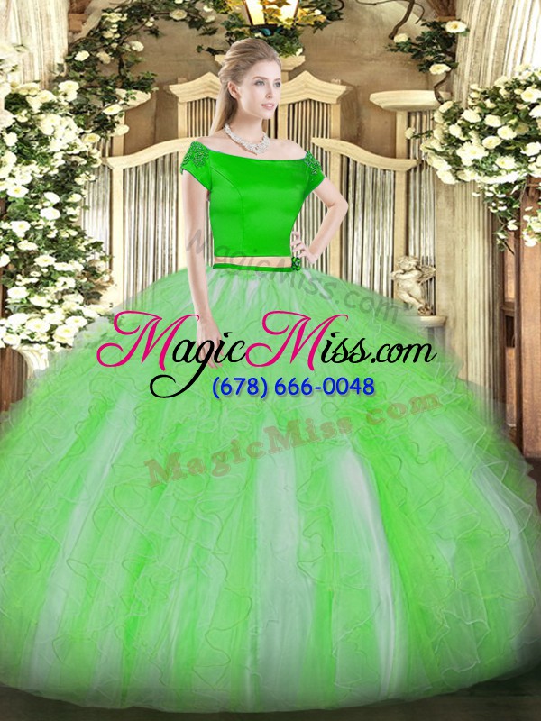 wholesale green two pieces off the shoulder short sleeves tulle floor length zipper appliques and ruffles 15 quinceanera dress