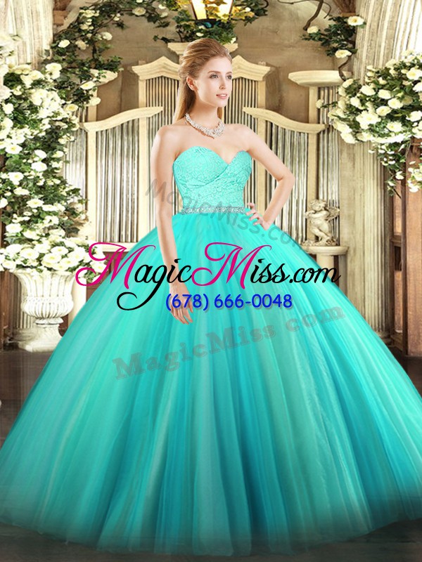 wholesale pretty floor length zipper ball gown prom dress turquoise for military ball and sweet 16 and quinceanera with beading and lace
