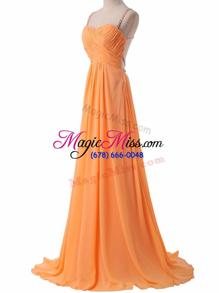 wholesale elegant orange chiffon criss cross spaghetti straps sleeveless prom dresses sweep train ruching