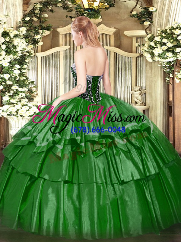 wholesale floor length lace up ball gown prom dress turquoise for military ball and sweet 16 and quinceanera with beading and ruffled layers