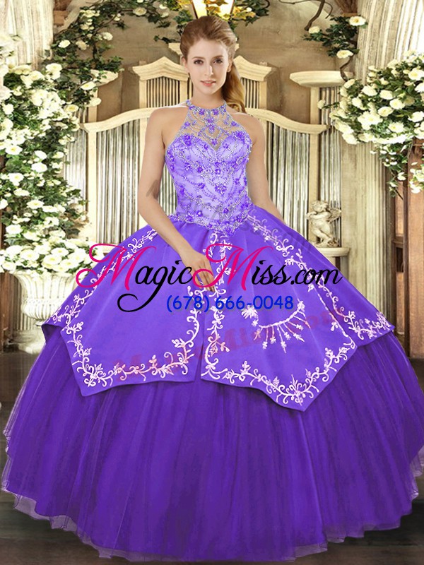 wholesale purple quinceanera dress military ball and sweet 16 and quinceanera with beading and embroidery halter top sleeveless lace up