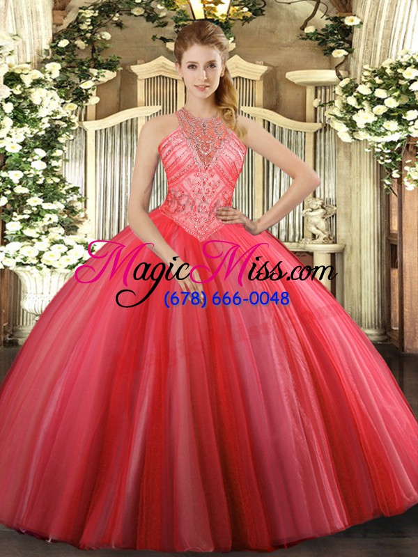 wholesale custom fit coral red tulle lace up 15 quinceanera dress sleeveless floor length beading