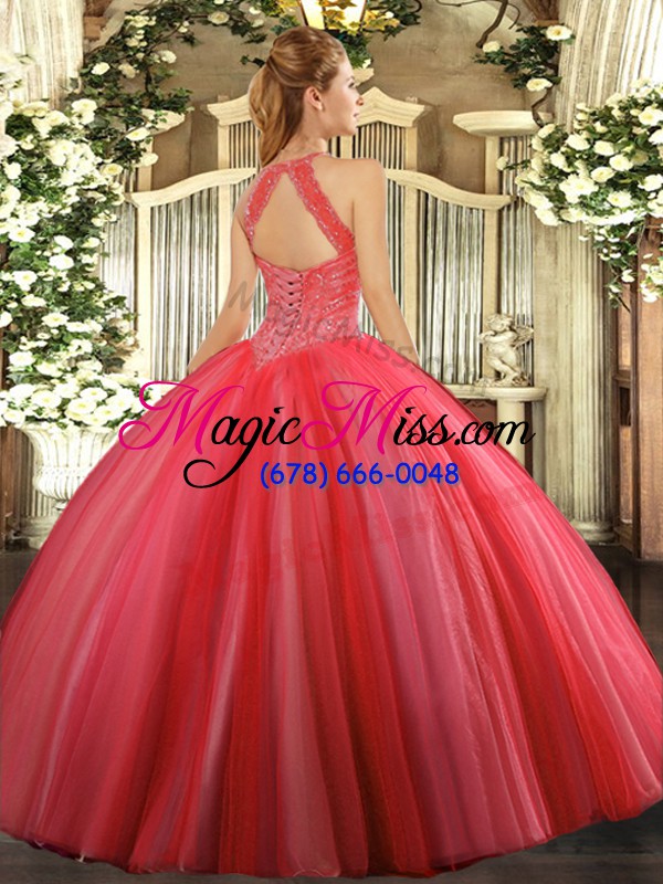 wholesale custom fit coral red tulle lace up 15 quinceanera dress sleeveless floor length beading