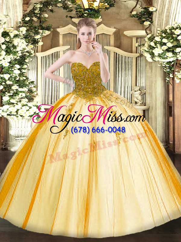 wholesale floor length gold ball gown prom dress tulle sleeveless beading