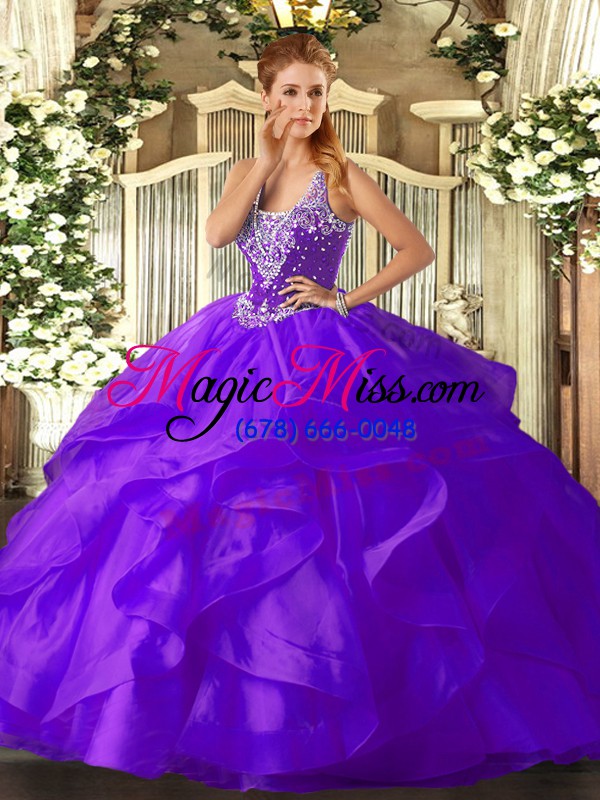 wholesale customized purple tulle lace up straps sleeveless floor length vestidos de quinceanera beading and ruffles