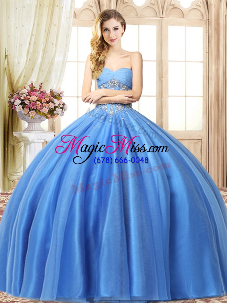 wholesale baby blue tulle lace up ball gown prom dress sleeveless floor length beading