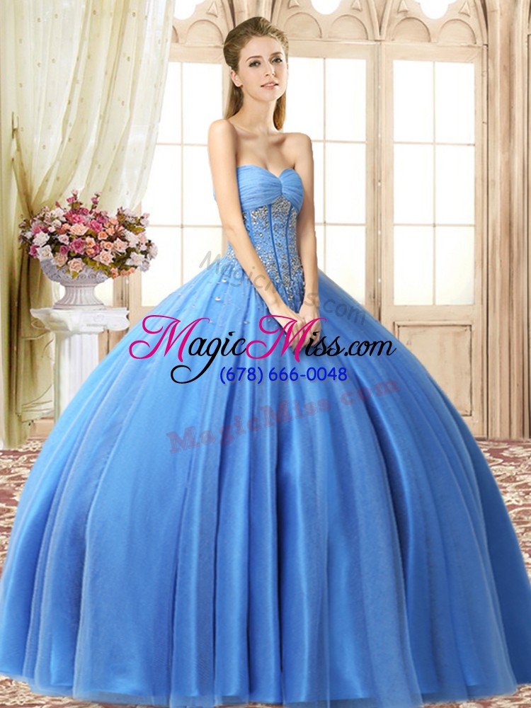 wholesale baby blue tulle lace up ball gown prom dress sleeveless floor length beading