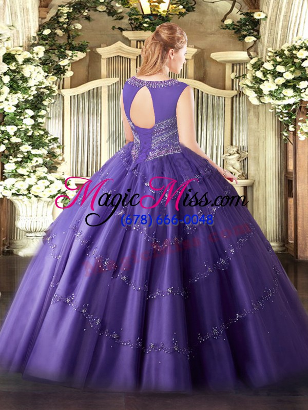 wholesale artistic teal ball gowns scoop sleeveless tulle floor length lace up beading and appliques quince ball gowns