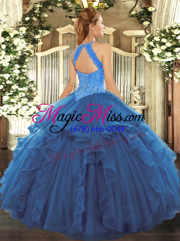 wholesale fashion organza high-neck sleeveless lace up beading and ruffles vestidos de quinceanera in teal