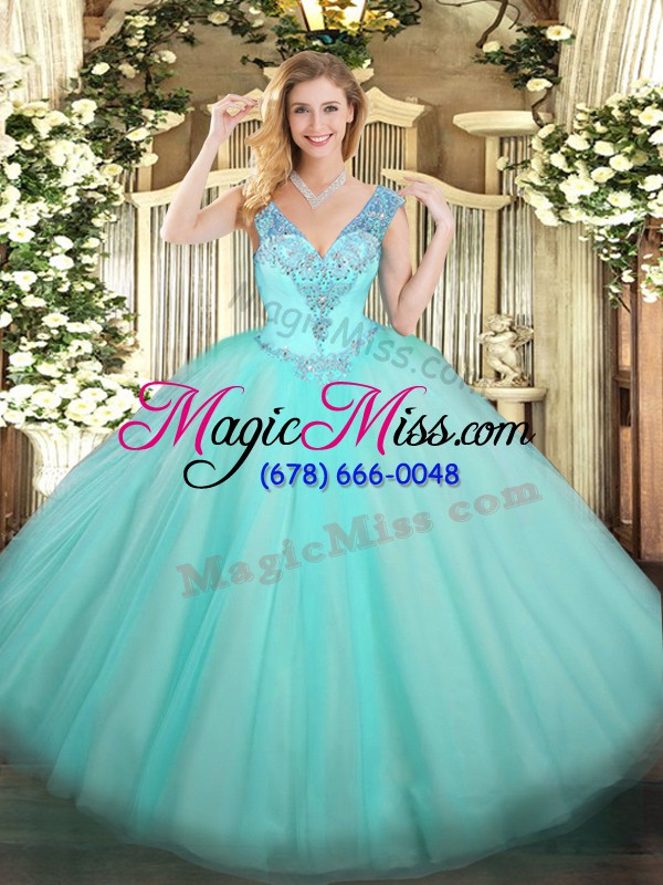 wholesale v-neck sleeveless lace up vestidos de quinceanera aqua blue tulle
