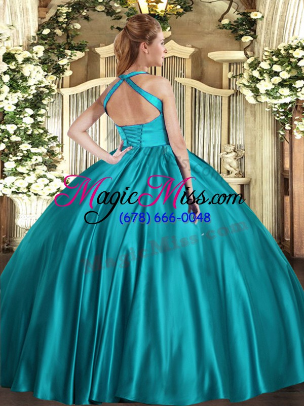 wholesale fancy turquoise lace up halter top ruching quinceanera gown satin sleeveless