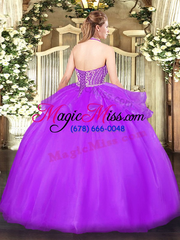 wholesale new style halter top sleeveless quinceanera gown floor length beading and ruffles hot pink tulle