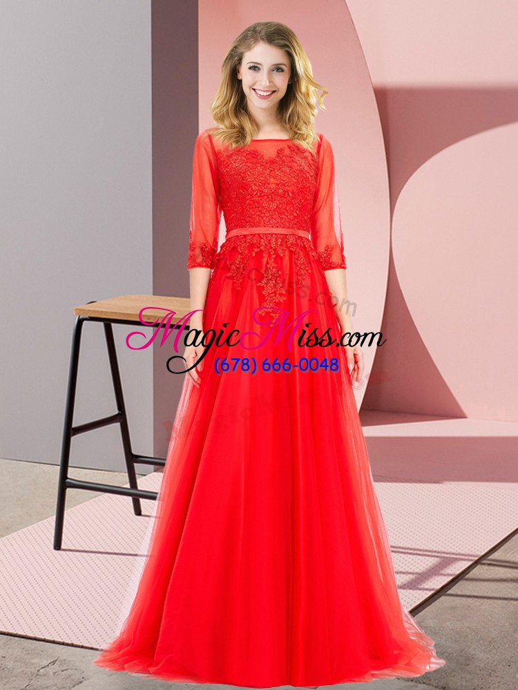wholesale red tulle lace up dress for prom 3 4 length sleeve floor length lace
