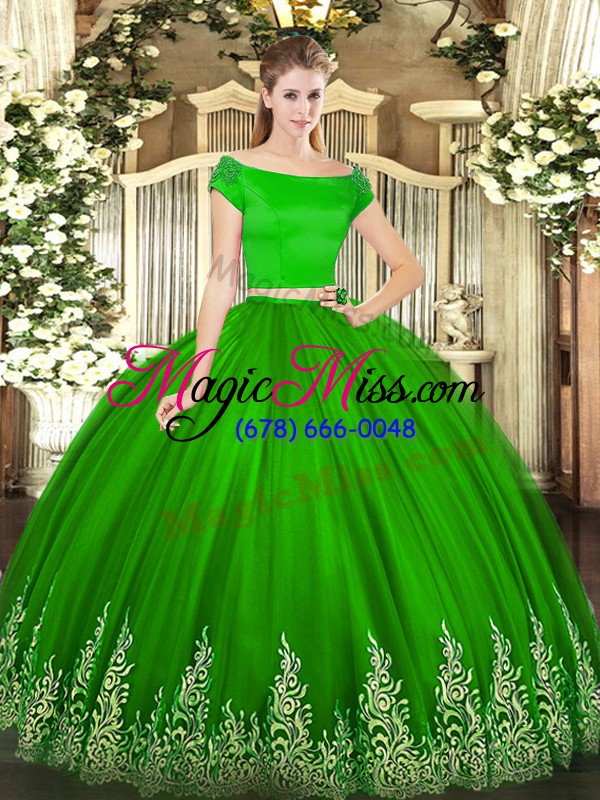 wholesale free and easy tulle off the shoulder short sleeves zipper appliques quince ball gowns in green