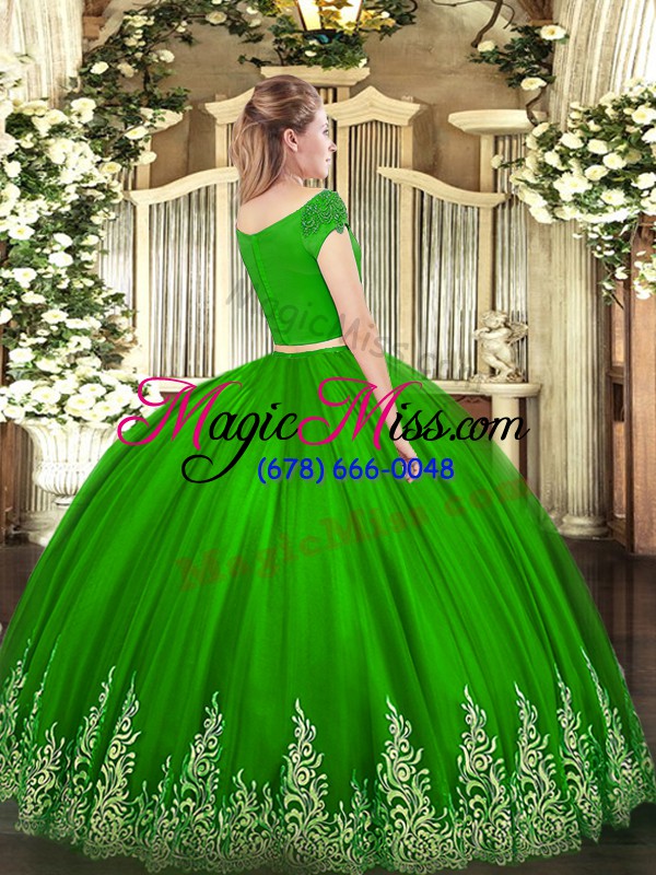 wholesale free and easy tulle off the shoulder short sleeves zipper appliques quince ball gowns in green