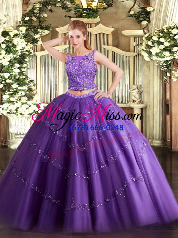 wholesale sleeveless floor length beading and appliques lace up quinceanera dress with purple