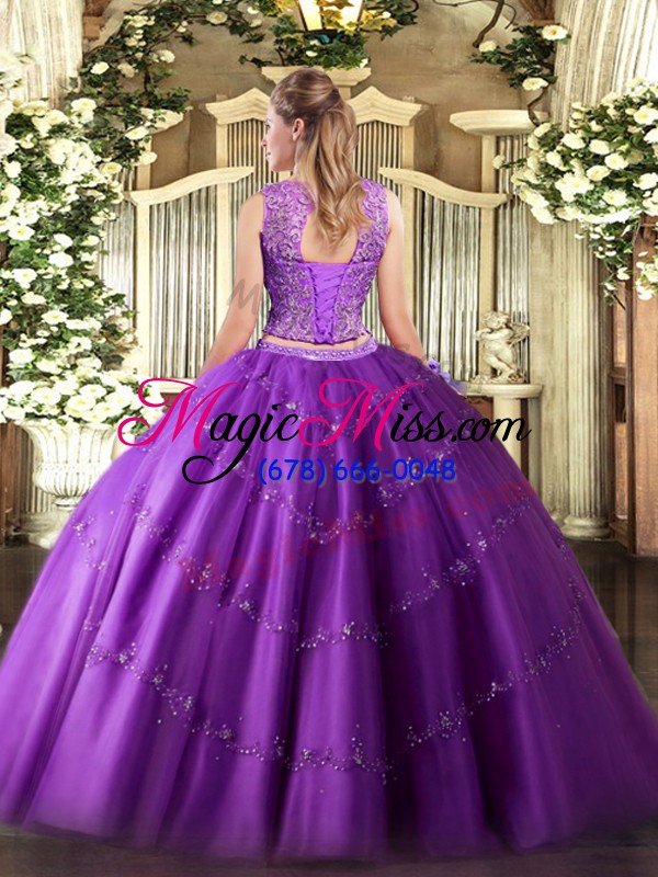 wholesale sleeveless floor length beading and appliques lace up quinceanera dress with purple