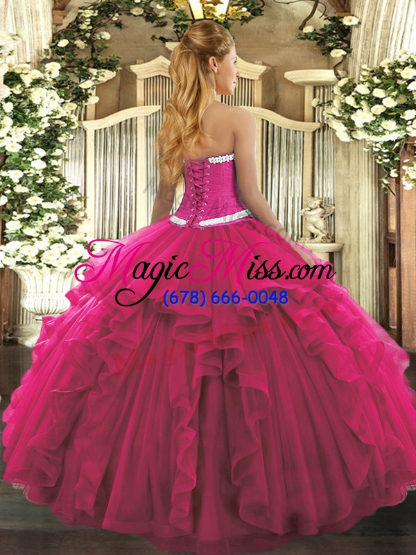 wholesale fuchsia lace up quinceanera gowns appliques and ruffles sleeveless floor length