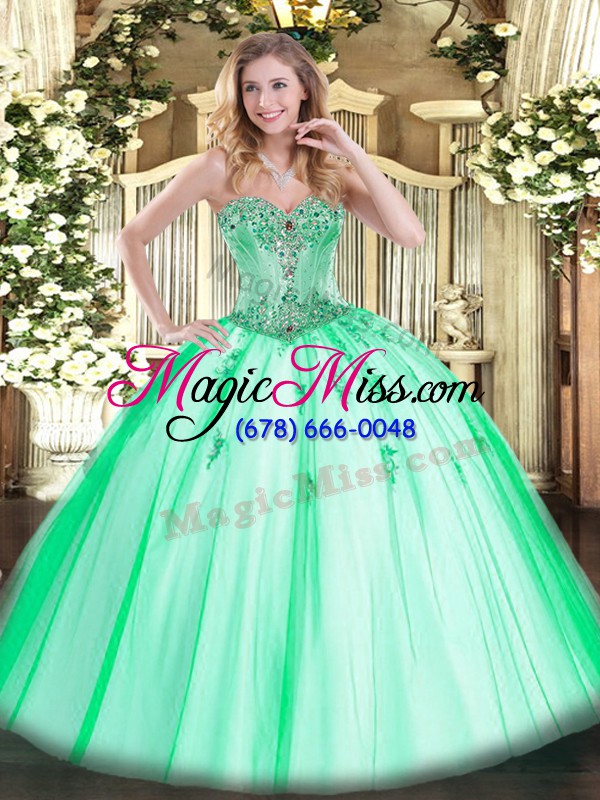 wholesale apple green lace up 15th birthday dress beading and appliques sleeveless floor length